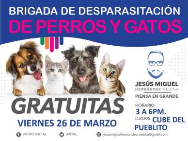 GRACIAS A JESÚS HERNÁNDEZ MEDINA, HABRÁ DESPARASITACIÓN INTERNA, EXTERNA Y SARNICIDA DE PERROS Y GATOS
