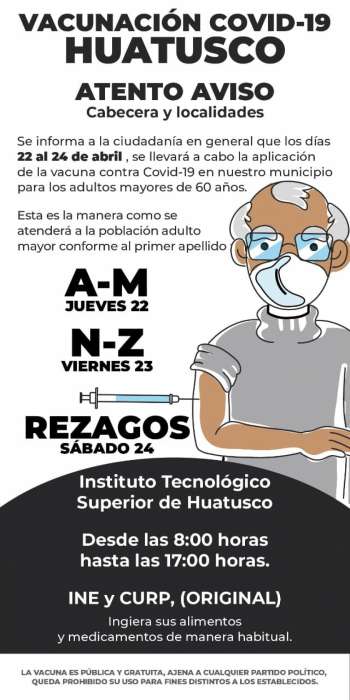 ATENTO AVISO VACUNA CONTRA EL COVID - 19 HUATUSCO