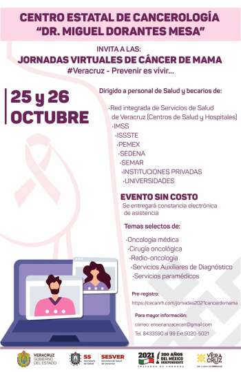 EL CENTRO ESTATAL DE CANCEROLOGÍA \" DR. MIGUEL DORANTES MESA\" Invita a las Jornadas Virtuales de Cáncer de Mama 25 y 26 de octubre.