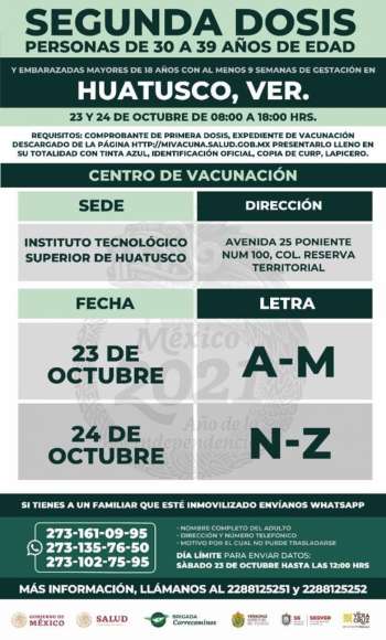 Sábado 23 y domingo 24de octubre, segunda dosis vacuna contra Covid-19, de 30 a 39 años de edad.