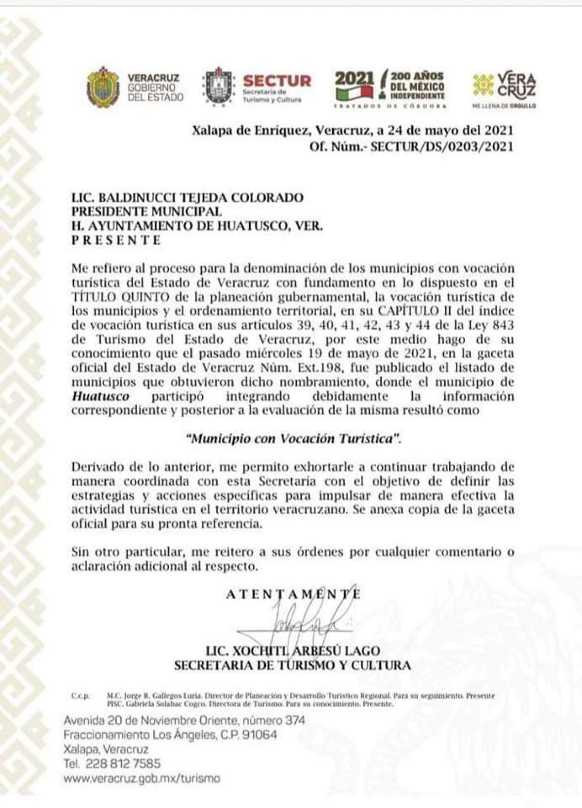 Gracias al trabajo de Baldinucci Tejeda Colorado, hoy Huatusco recibe el nombramiento “Municipio con Vocación Turística". 