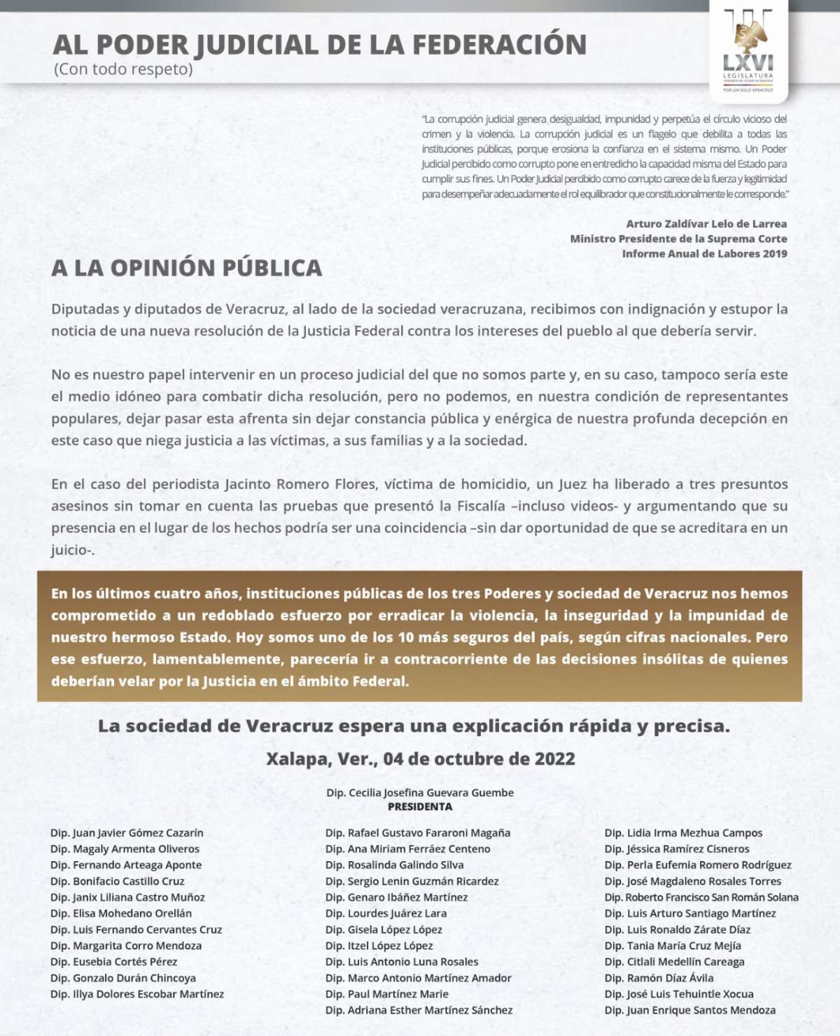Pronunciamiento de Diputados del H. Congreso del Estado de Veracruz.