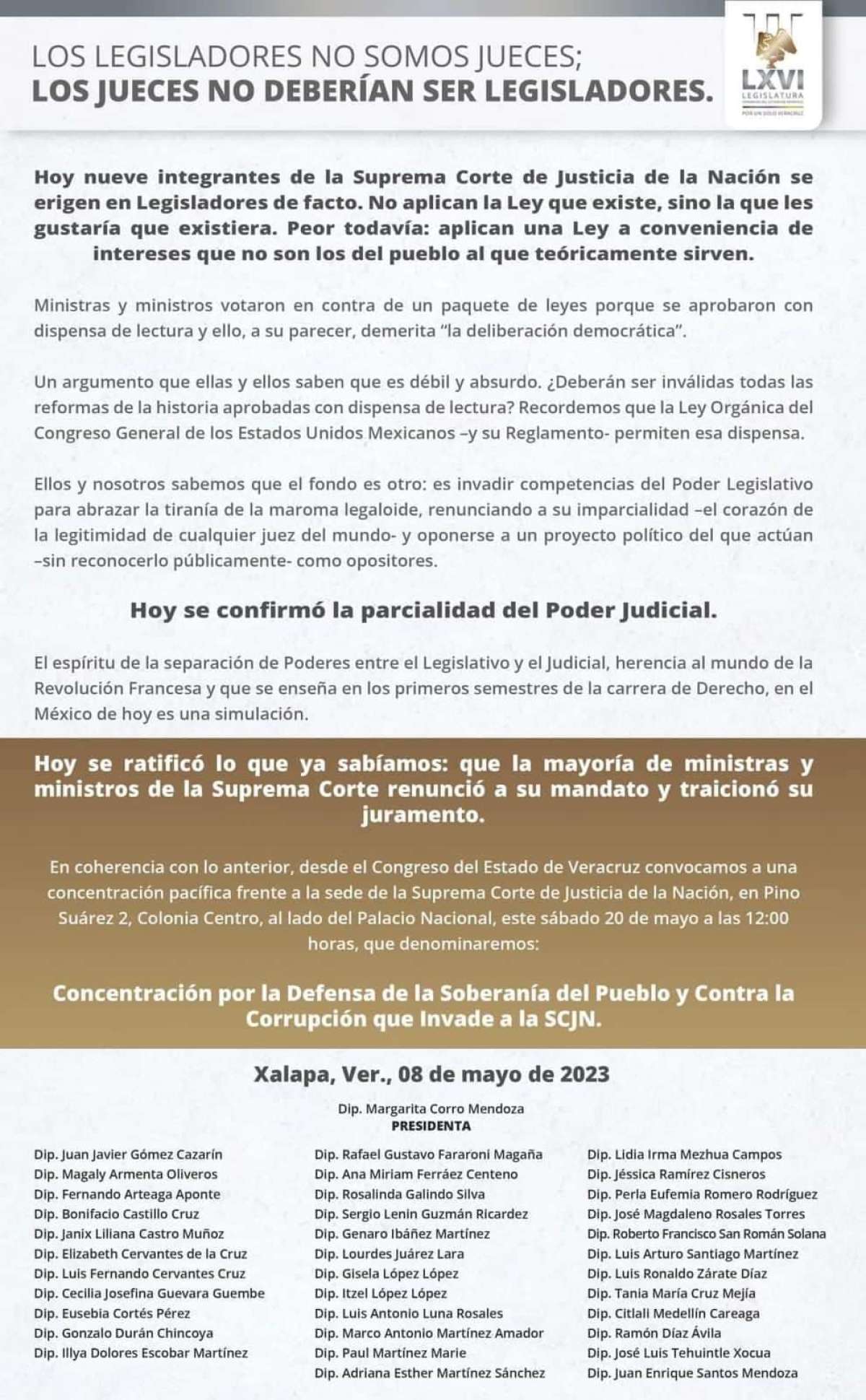 Atento comunicado del Congreso del Estado de Veracruz. "Los Legisladores no somos jueces; Los Jueces no deberían ser Legisladores"