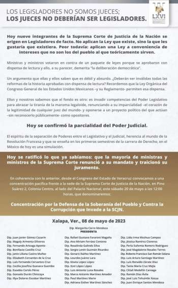Atento comunicado del Congreso del Estado de Veracruz. \"Los Legisladores no somos jueces; Los Jueces no deberían ser Legisladores\"