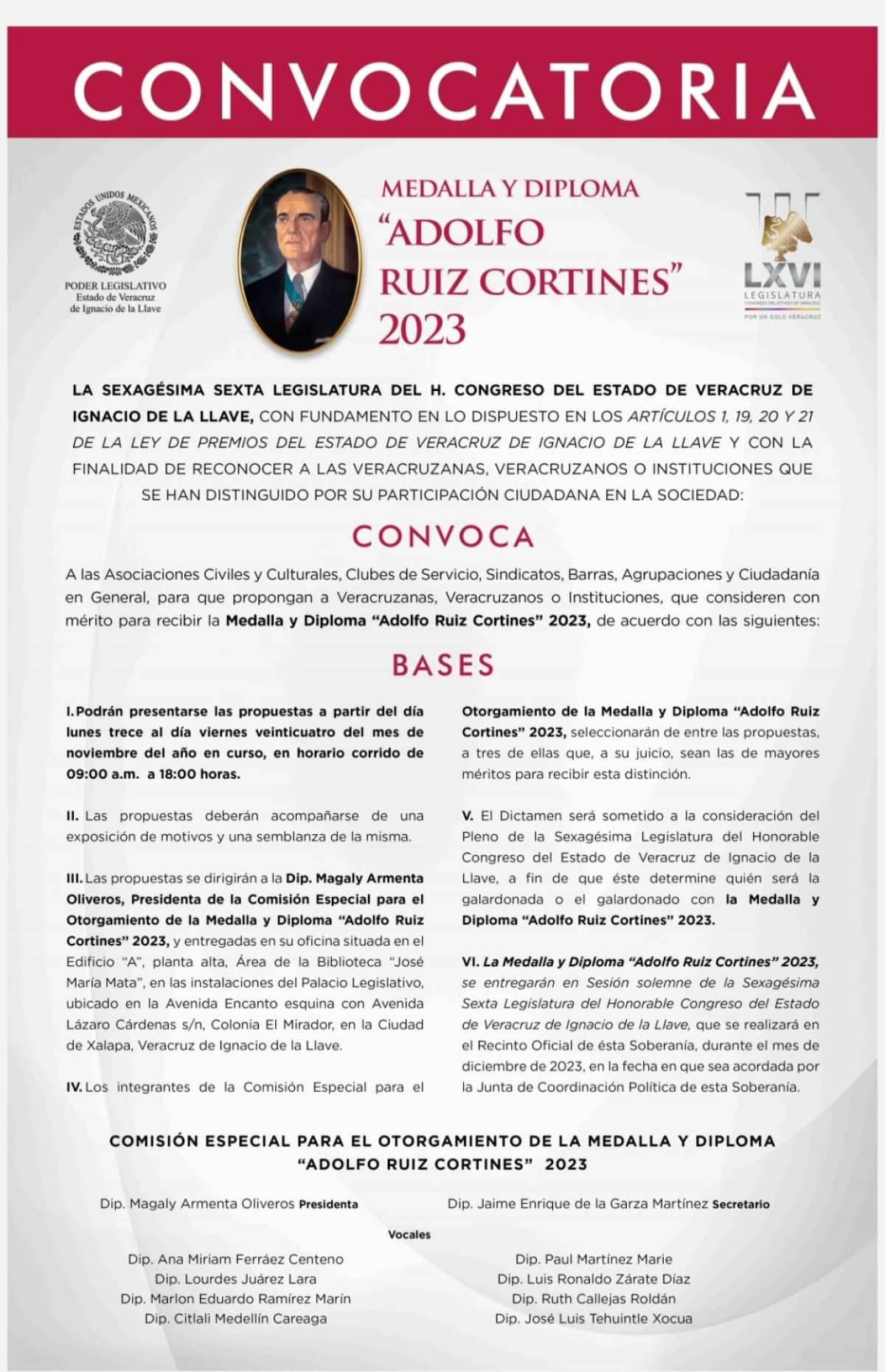 Da a conocer el Congreso del Estado la convocatoria para el Otorgamiento de la Medalla y Diploma \"Adolfo Ruiz Cortines\" 2023.