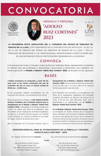 Da a conocer el Congreso del Estado la convocatoria para el Otorgamiento de la Medalla y Diploma \\\"Adolfo Ruiz Cortines\\\" 2023.