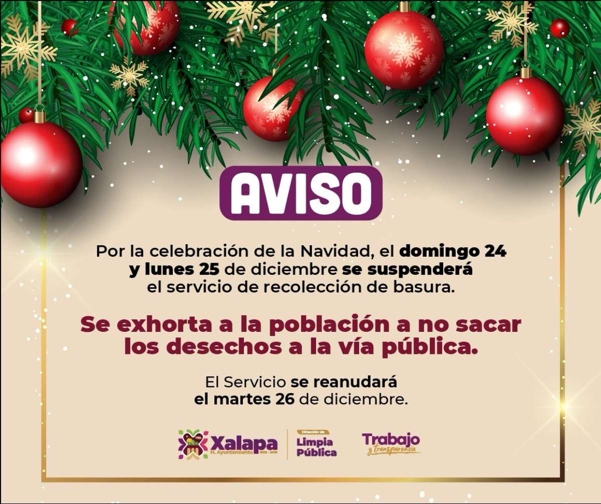 Se suspenderá servicio de Limpia Pública 24 y 25 de diciembre