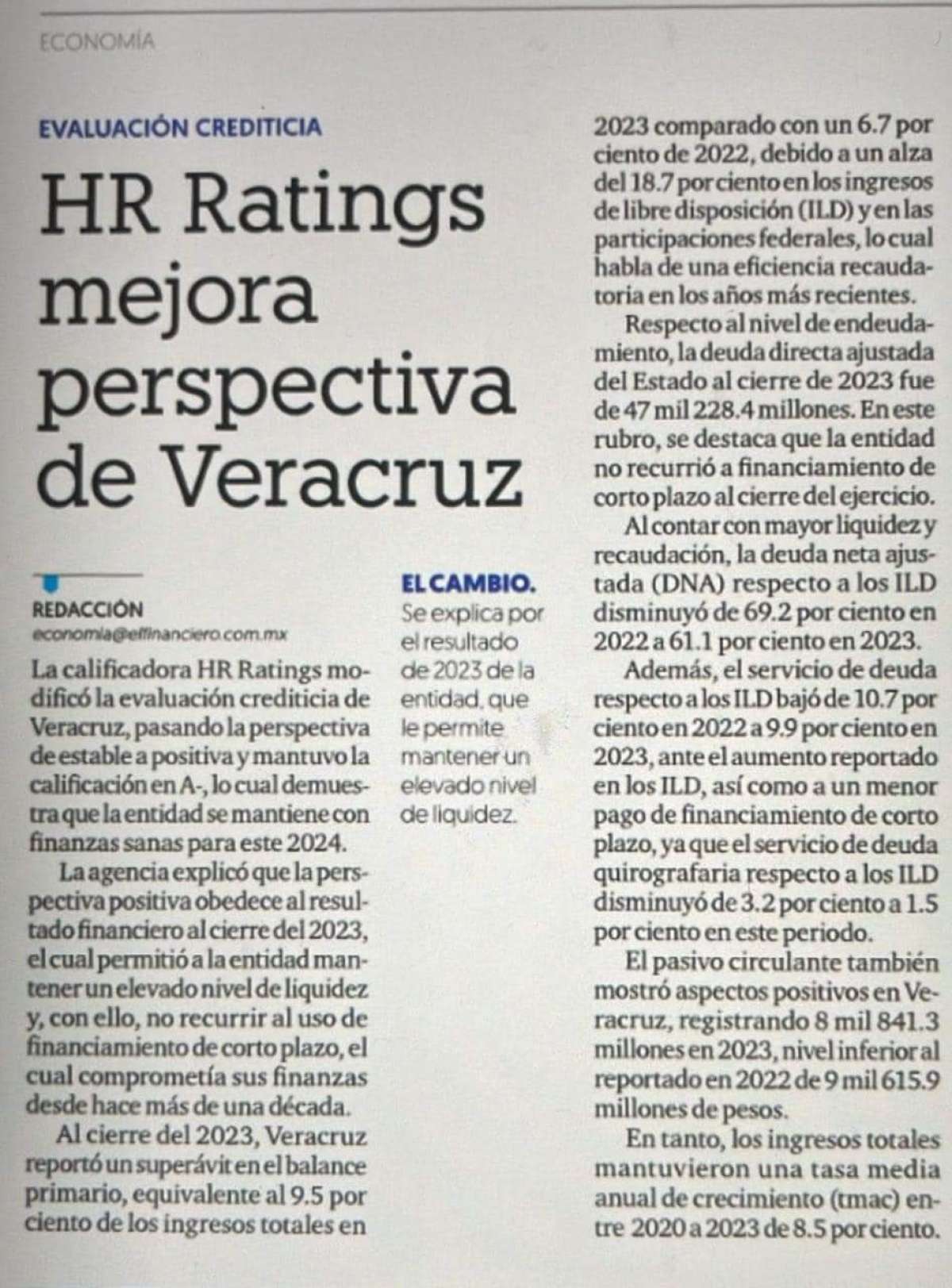 Mejora perspectiva financiera de Veracruz, que cerró 2023 sin mayor endeudamiento