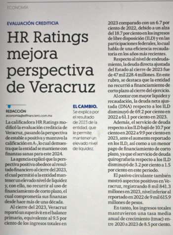 Mejora perspectiva financiera de Veracruz, que cerró 2023 sin mayor endeudamiento