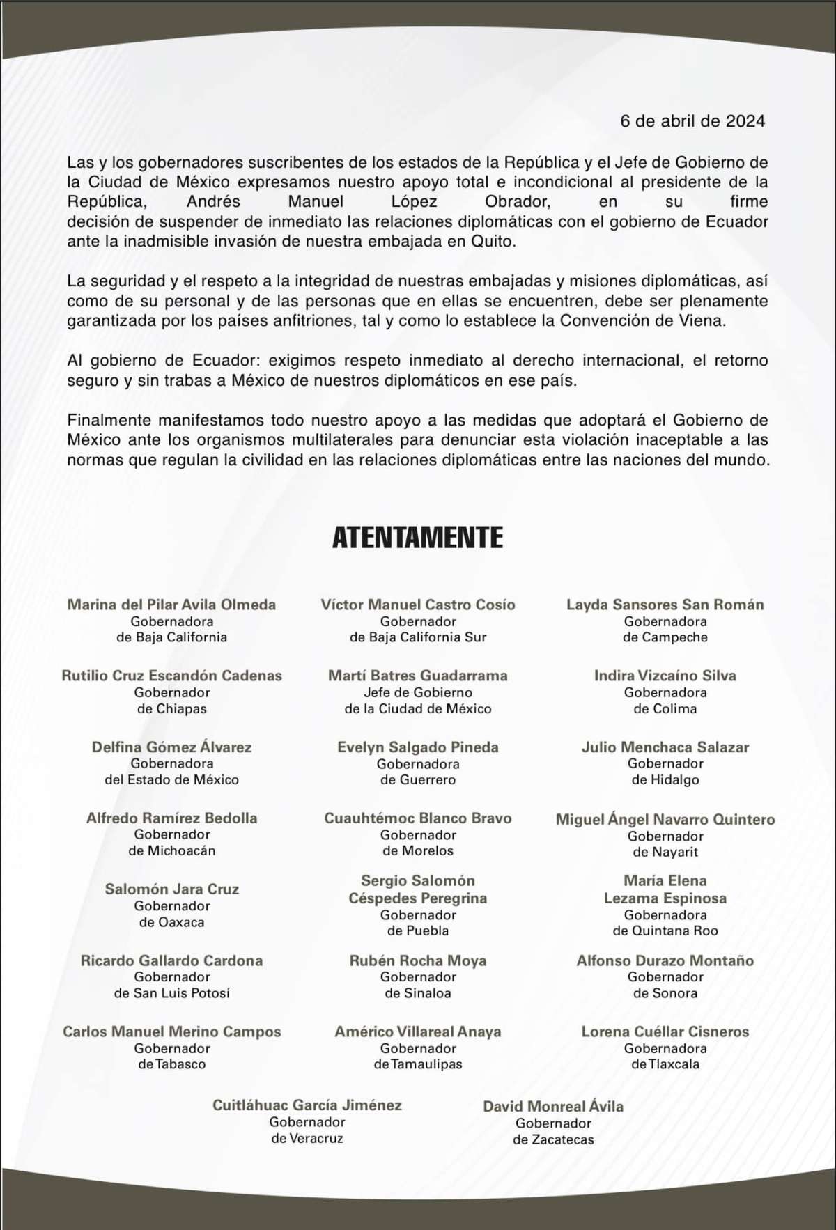 Respalda Veracruz al Presidente de México ante rompimiento de relaciones diplomáticas con Ecuador
