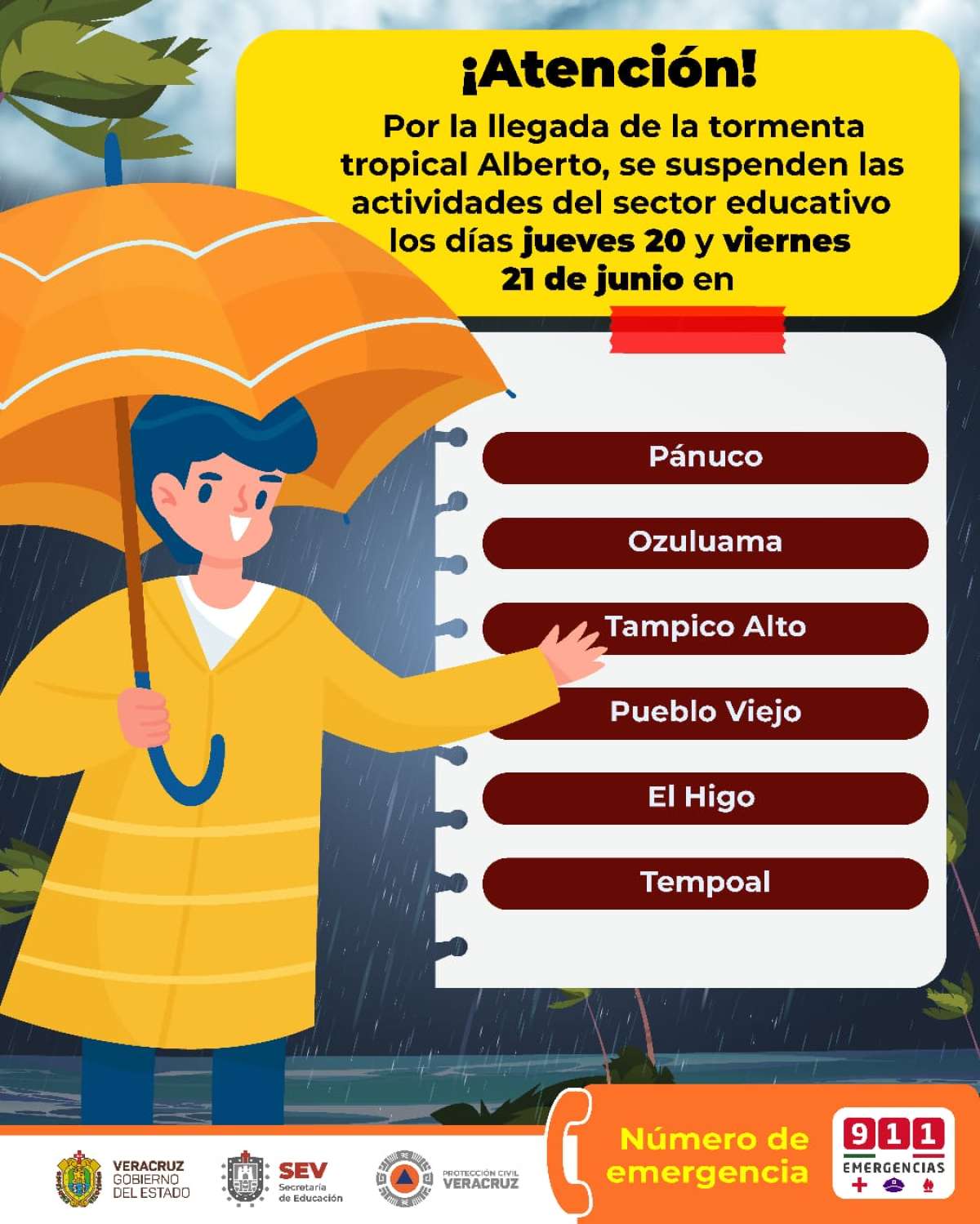 Suspende SEV clases en seis municipios del norte del estado por Tormenta Tropical “Alberto”