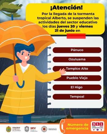 Suspende SEV clases en seis municipios del norte del estado por Tormenta Tropical “Alberto”