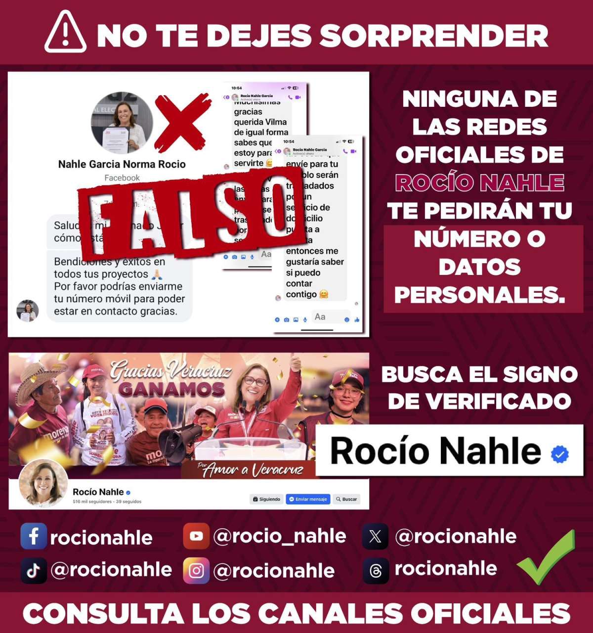 DESMIENTE ROCÍO NAHLE SOLICITAR INFORMACIÓN A TRAVÉS DE SUS REDES OFICIALES
