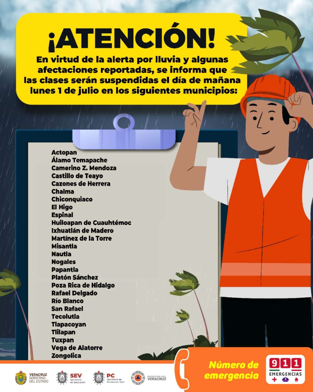 Ante arribo de la Tormenta Tropical Chris, SEV suspende clases en 27 municipios