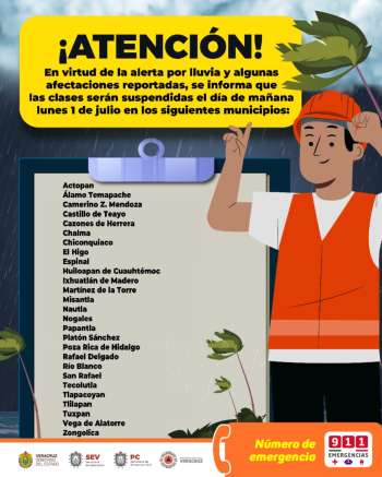 Ante arribo de la Tormenta Tropical Chris, SEV suspende clases en 27 municipios