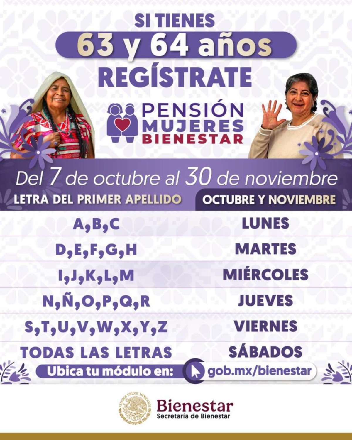 Inicia incorporación al programa Pensión Mujeres Bienestar de 63 y 64 años de edad