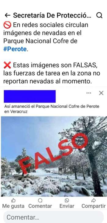 Falso que haya nevado en Cofre de Perote: Protección Civil estatal