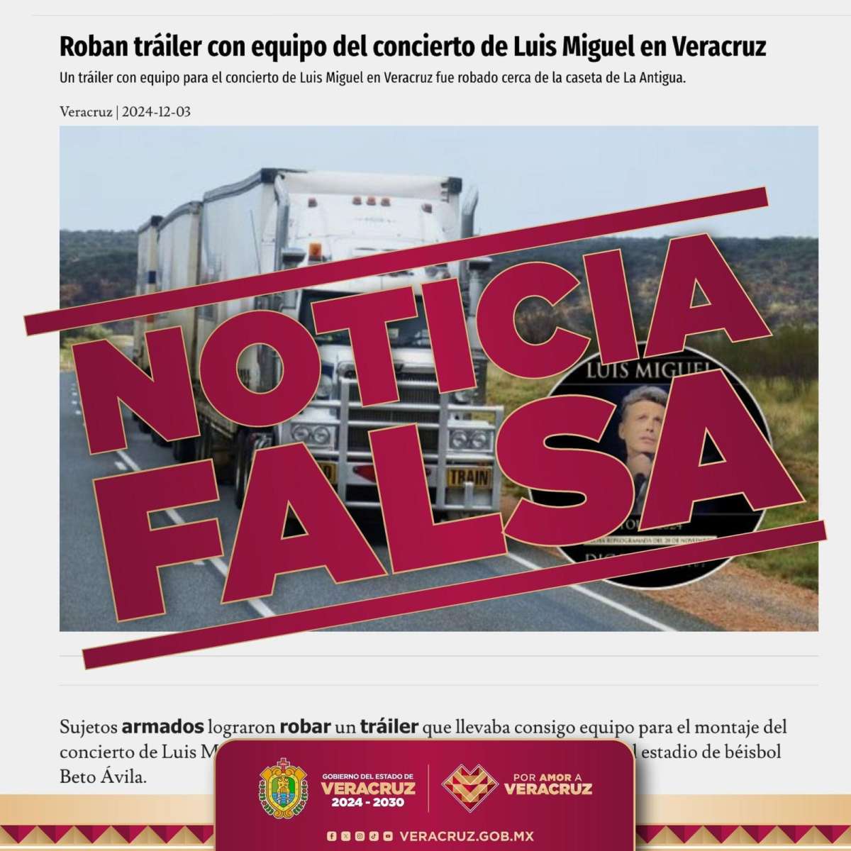 Gobierno de Veracruz desmiente supuesto robo de tráiler con equipo para concierto de Luis Miguel