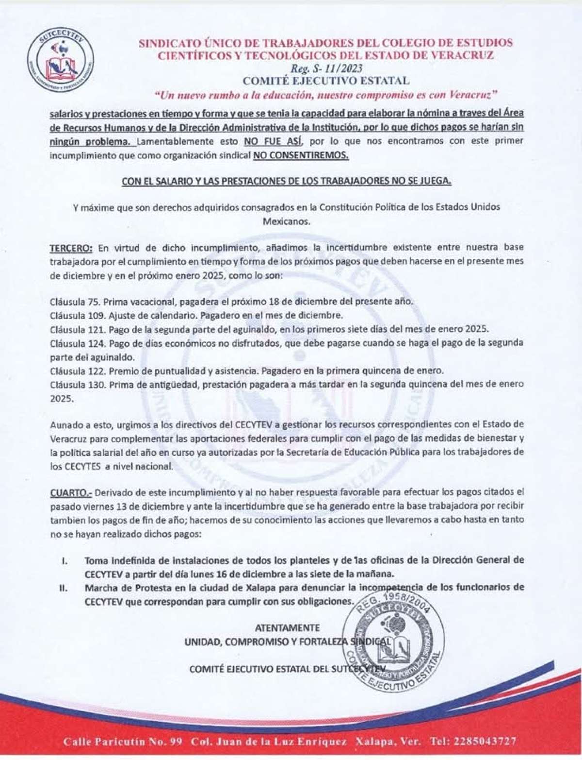 Por incumplimiento de pago de aguinaldo y otras prestaciones, agremiados del Sutcecytev pararán labores este lunes en escuelas y oficinas centrales