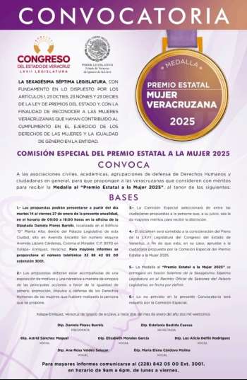 Emite Congreso convocatoria para el Premio Estatal a la Mujer 2025   