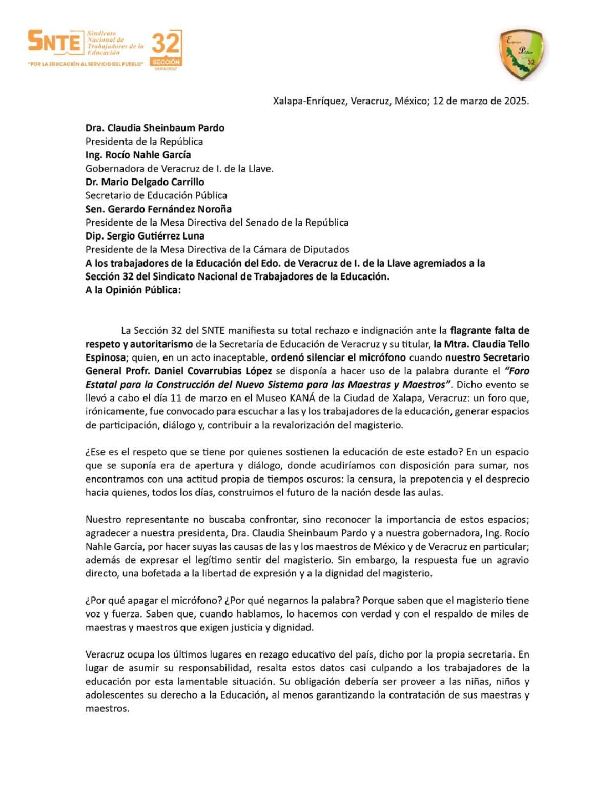 Falta de respeto y autoritarismo de la titular de la SEV ordenar silenciar el micrófono a dirigente de la Sección 32 del SNTE