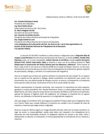 Falta de respeto y autoritarismo de la titular de la SEV ordenar silenciar el micrófono a dirigente de la Sección 32 del SNTE