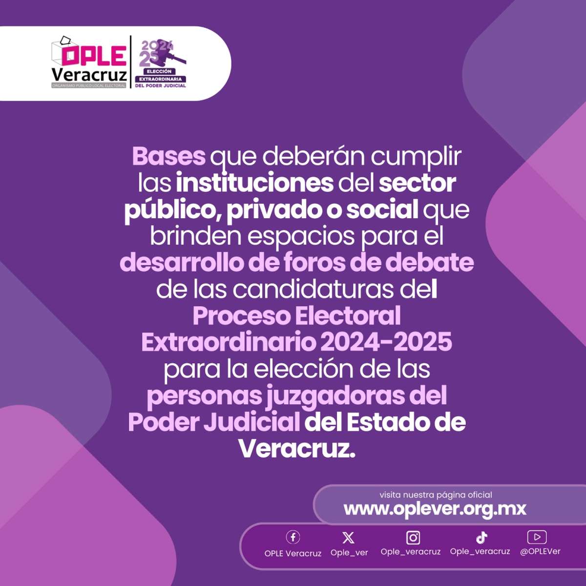 OPLE Veracruz emite las bases para la organización de los foros de debate del Proceso Electoral Local Extraordinario 2024-2025 para la elección de personas juzgadoras