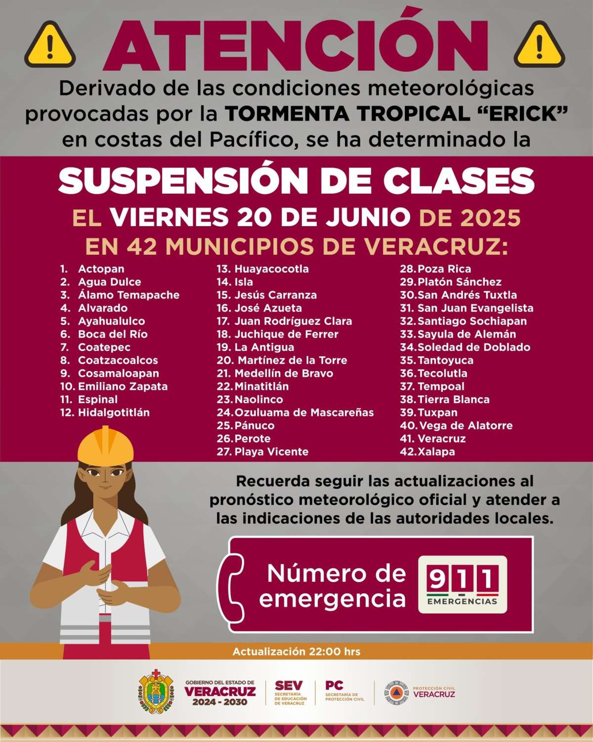 Suspenden clases en 42 municipios este viernes por efectos de Erick   