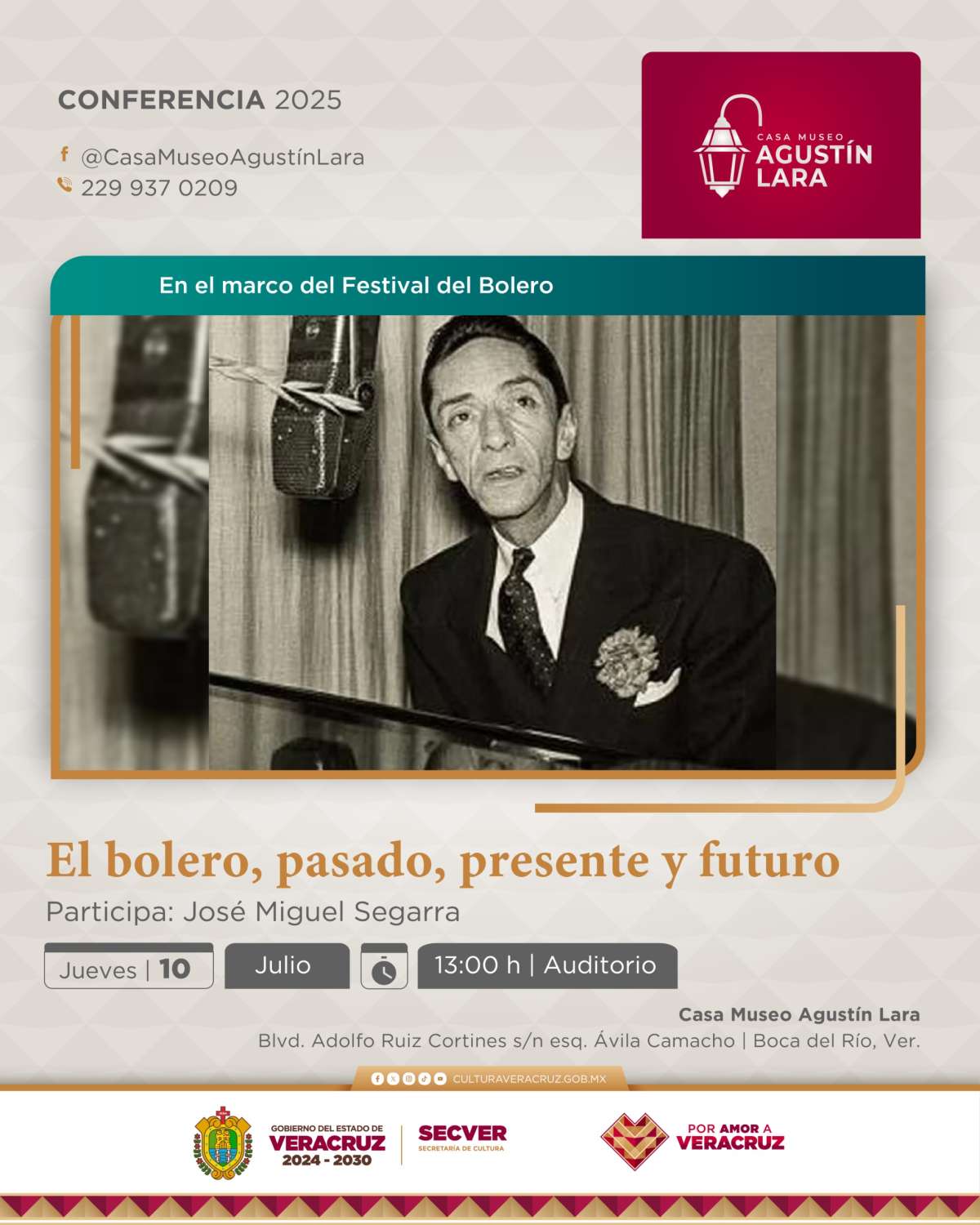 Presentará SECVER conferencia de bolero en Casa Museo Agustín Lara   