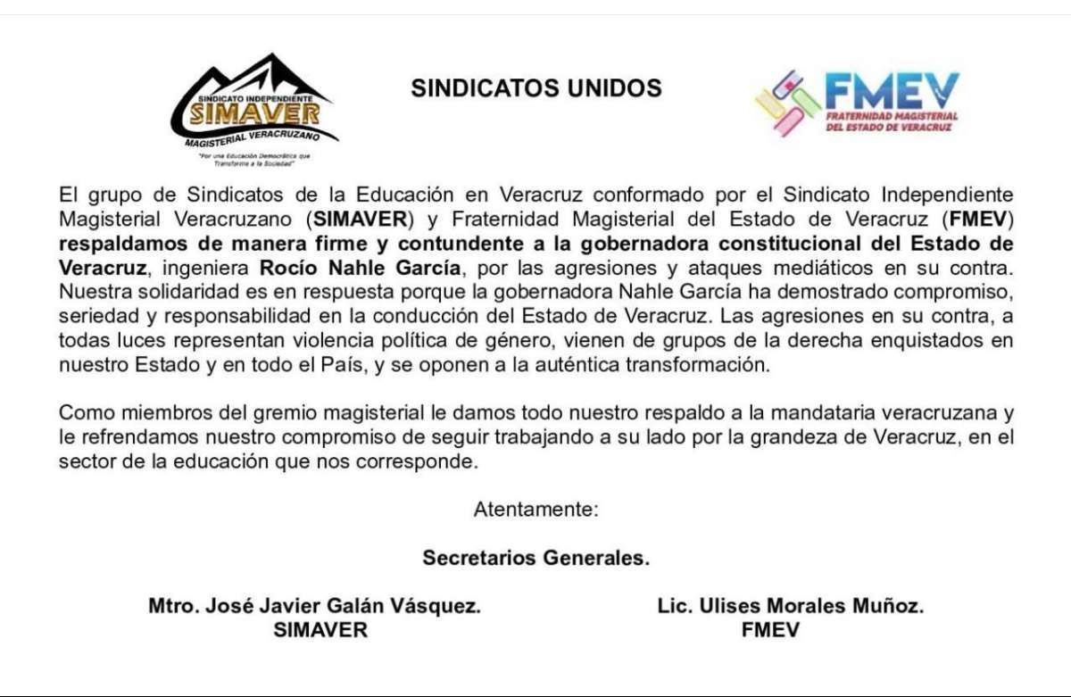 Magisterio veracruzano respalda gestión de Rocío Nahle