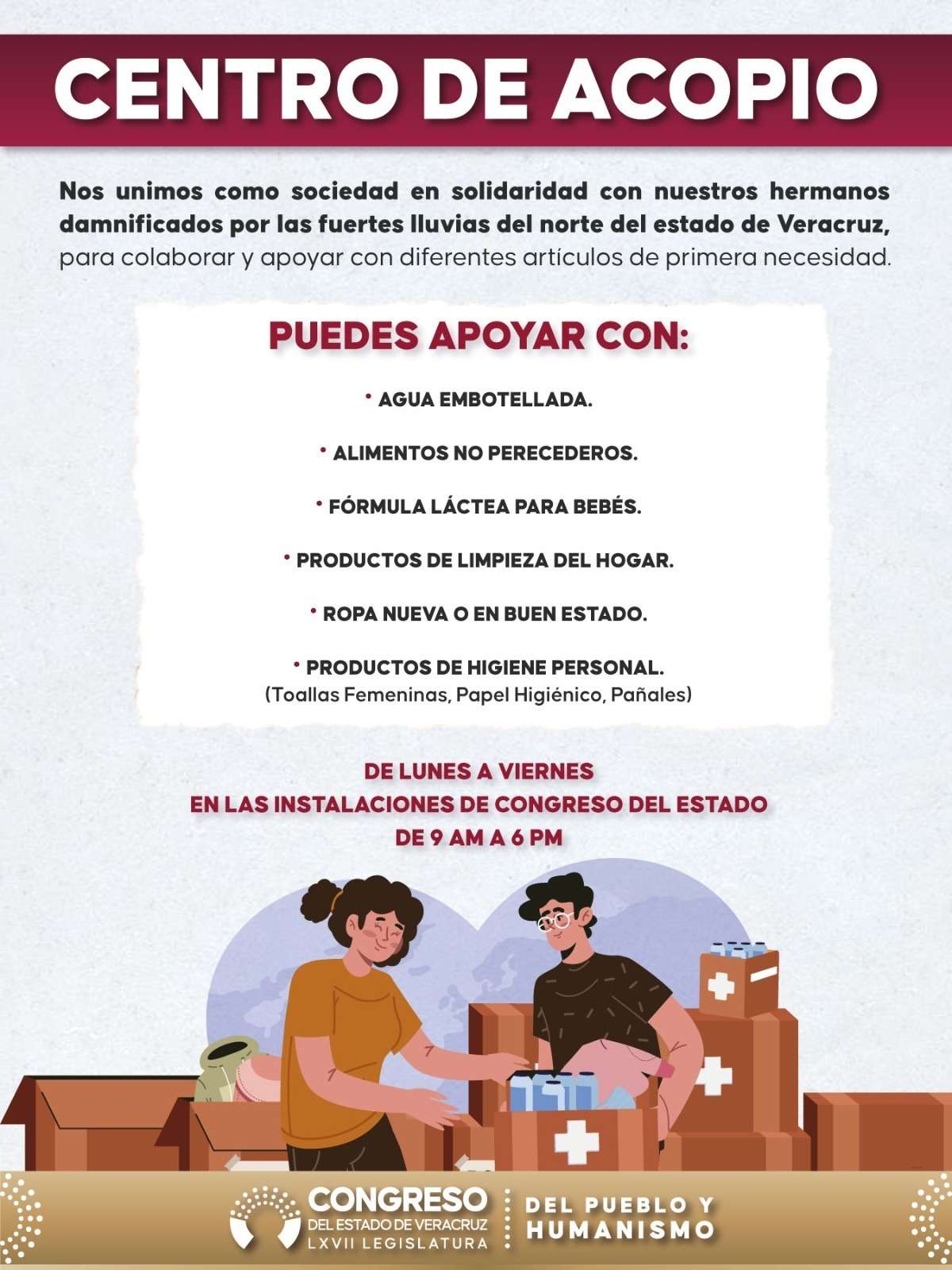 Instala Congreso del Estado centro de acopio de víveres para damnificados