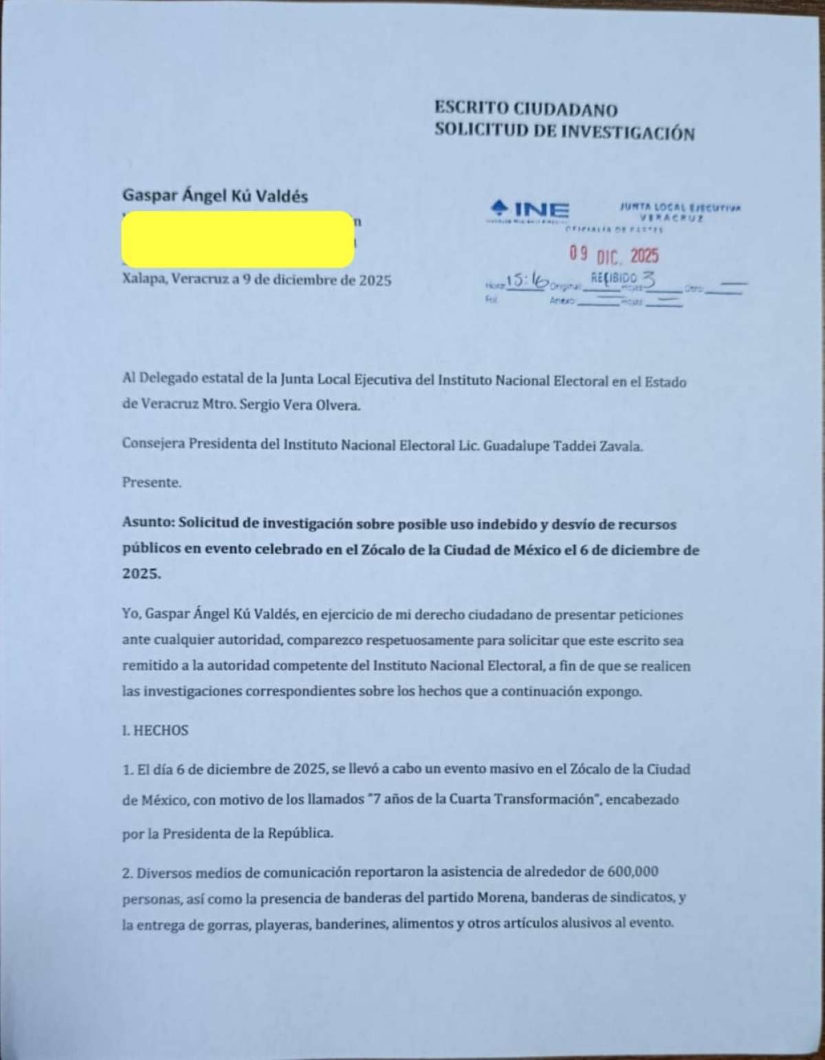 SOLICITAN AL INE INVESTIGAR USO DE RECURSOS PUBLICOS EN EVENTO DEL GOBIERNO FEDERAL.