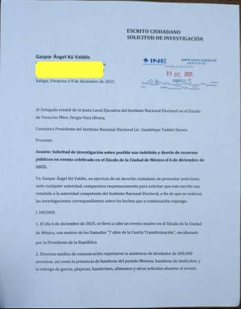 SOLICITAN AL INE INVESTIGAR USO DE RECURSOS PUBLICOS EN EVENTO DEL GOBIERNO FEDERAL.