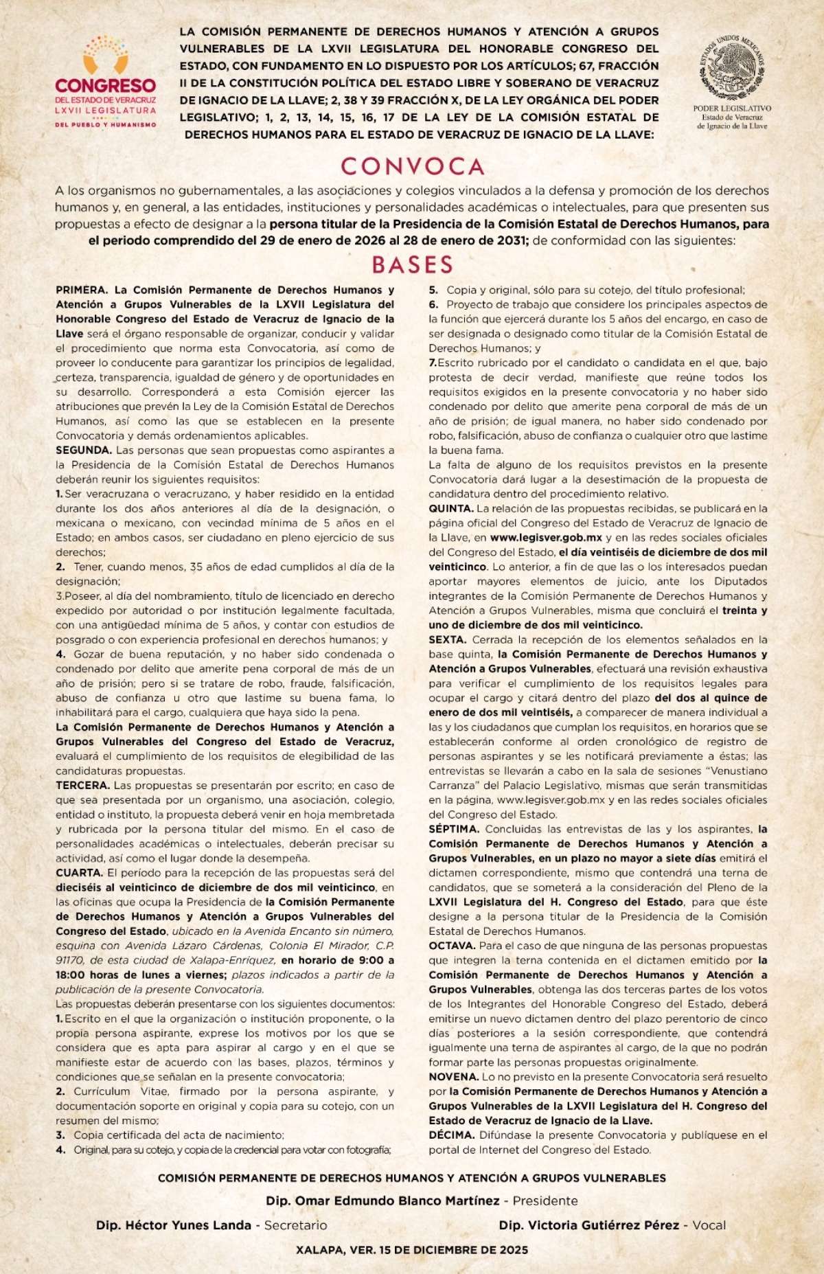 Emite Comisión la convocatoria para designar titular de la CEDH