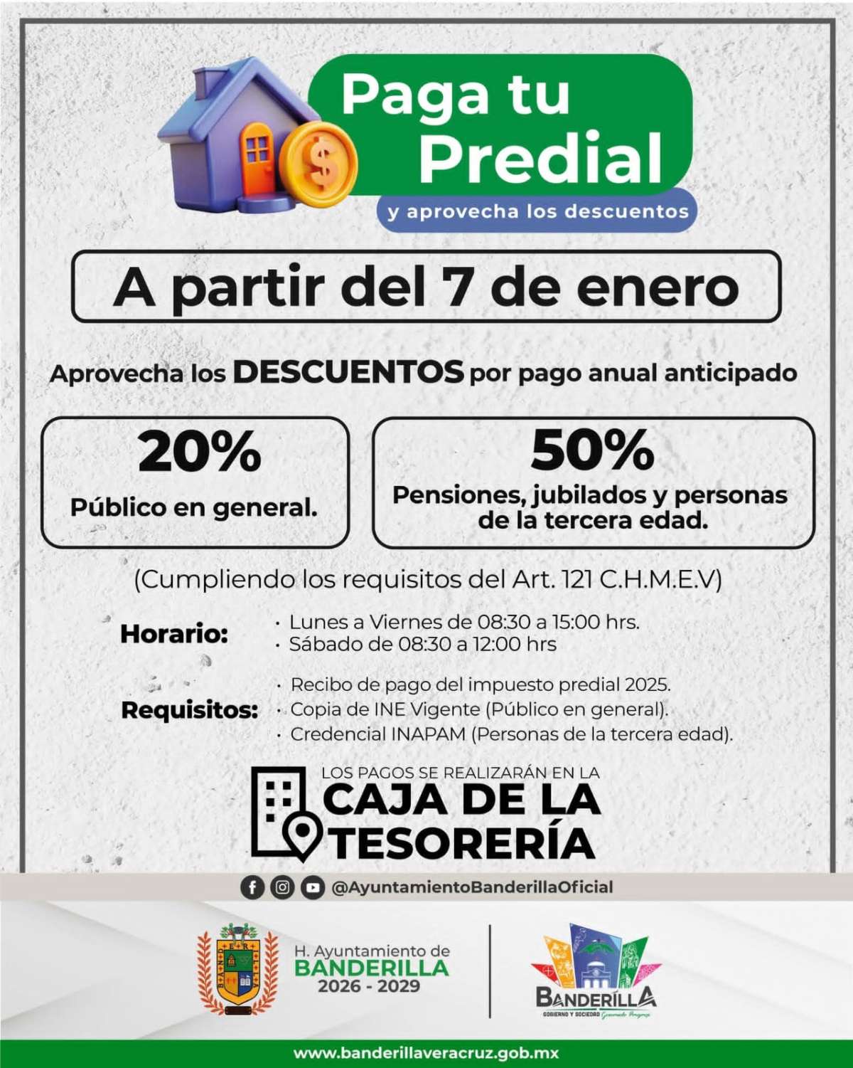 Inicia el miércoles 7 de enero, pago del predial en Banderilla