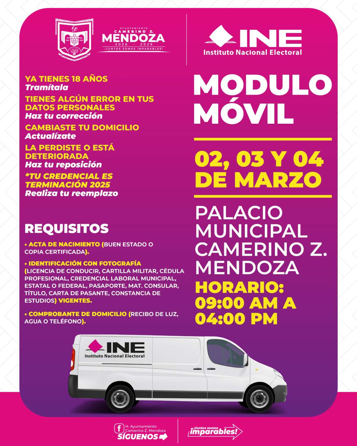 Regresa módulo móvil del INE al Palacio Municipal de Camerino Z. Mendoza