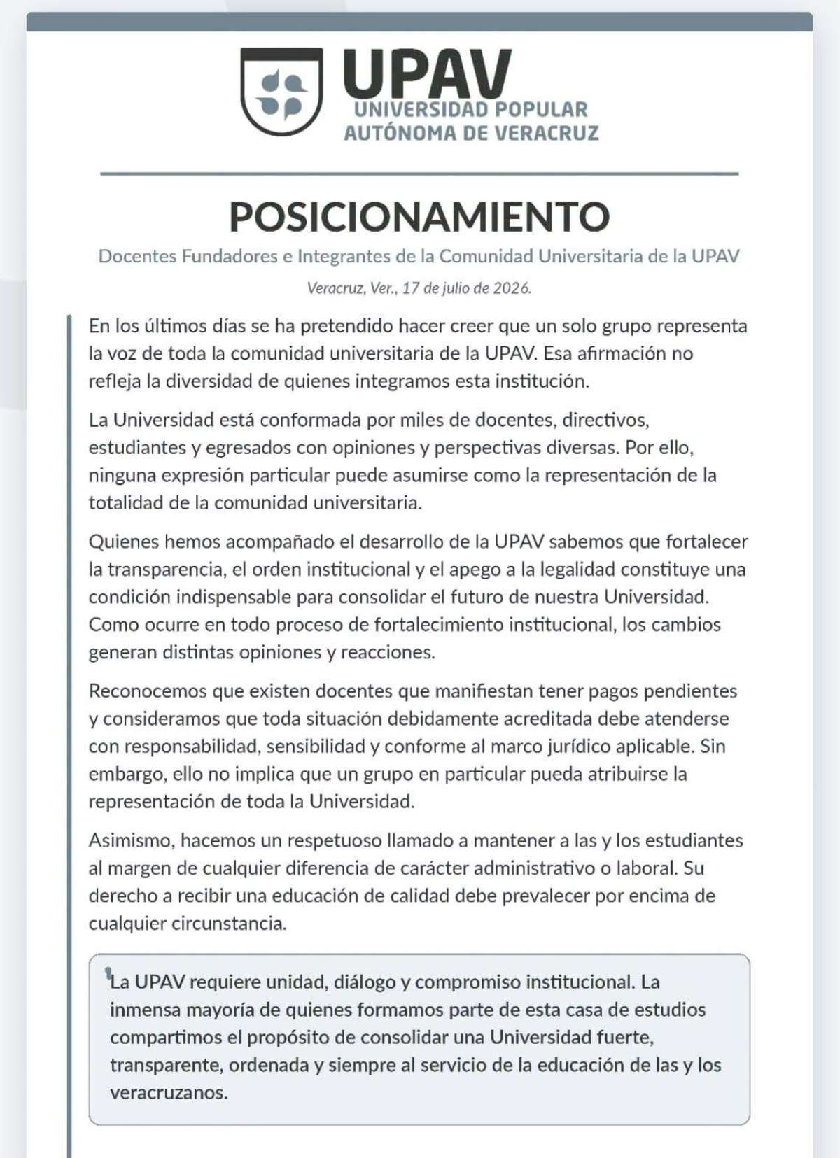 Demandan docentes fundadores de la UPAV dejar fuera a estudiantes de conflictos administrativos y laborales