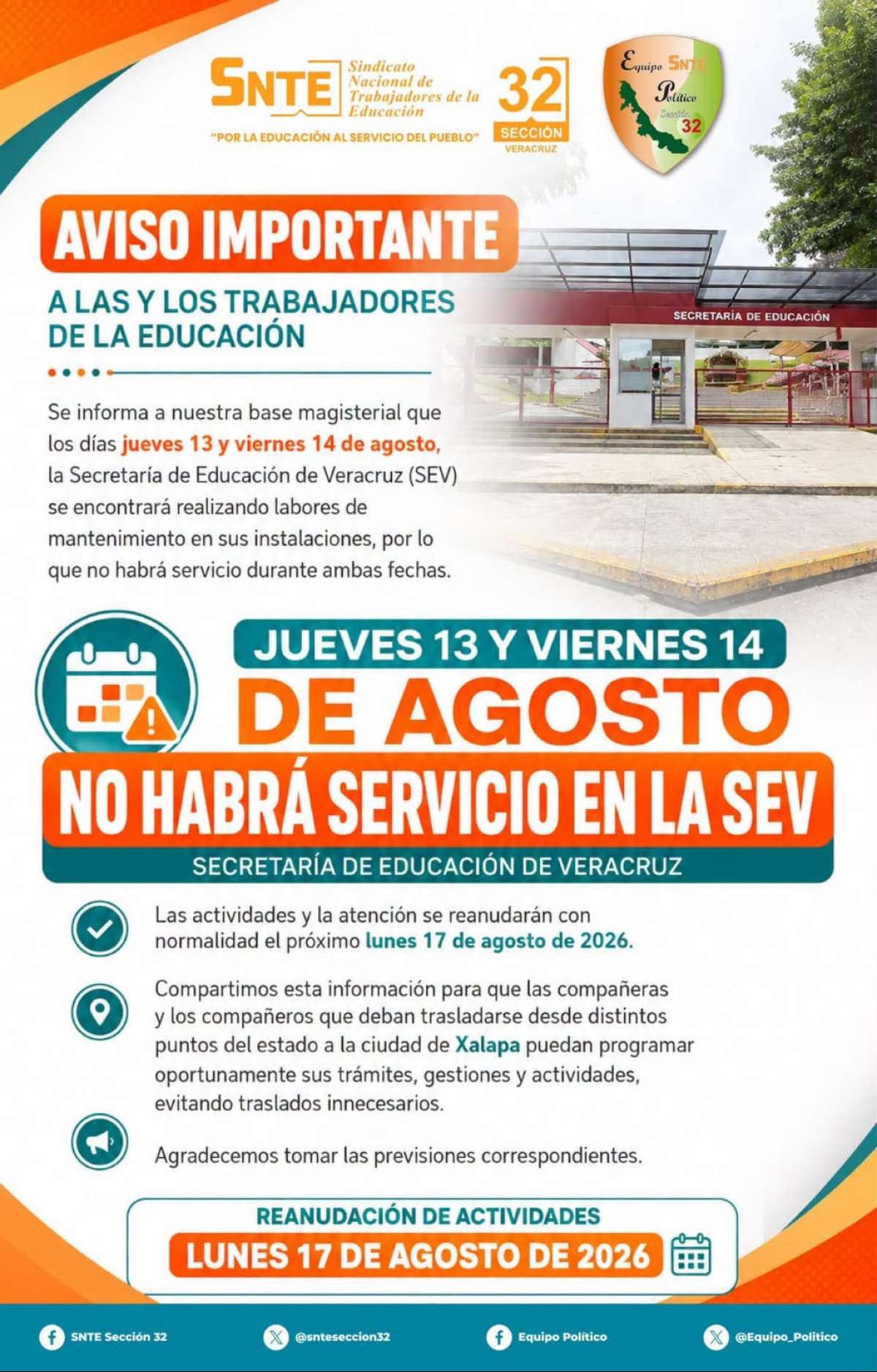 Suspenden servicios por remodelación en oficinas centrales de la SEV durante los días 13 y 14 de agosto