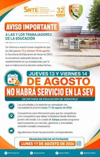 Suspenden servicios por remodelación en oficinas centrales de la SEV durante los días 13 y 14 de agosto
