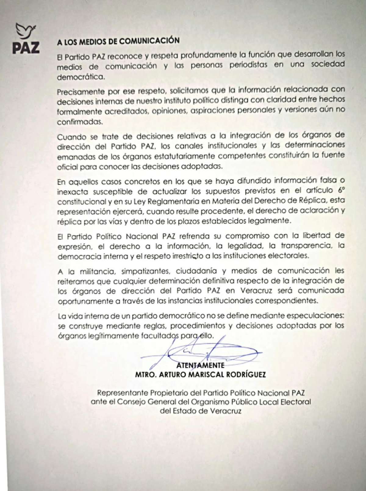 Estructura de PAZ Veracruz se definirá por la vía legal en Asamblea Nacional: Arturo Mariscal