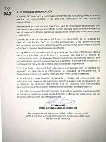 Estructura de PAZ Veracruz se definirá por la vía legal en Asamblea Nacional: Arturo Mariscal