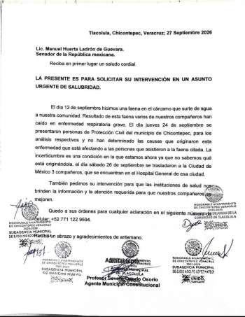 Pobladores de Tlacolula piden intervención de Rocío Nahle ante aumento de personas enfermas por vías respiratorias tras faena en cárcamo de agua.