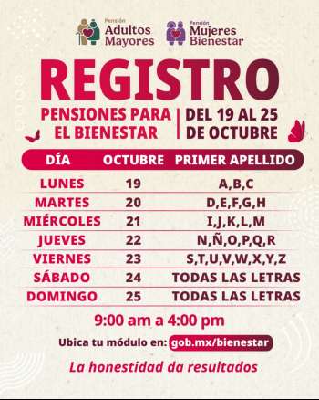 Del 19 al 25 de octubre se realiza el registro a las Pensiones para Adultos Mayores y Mujeres Bienestar: Leticia Ramírez